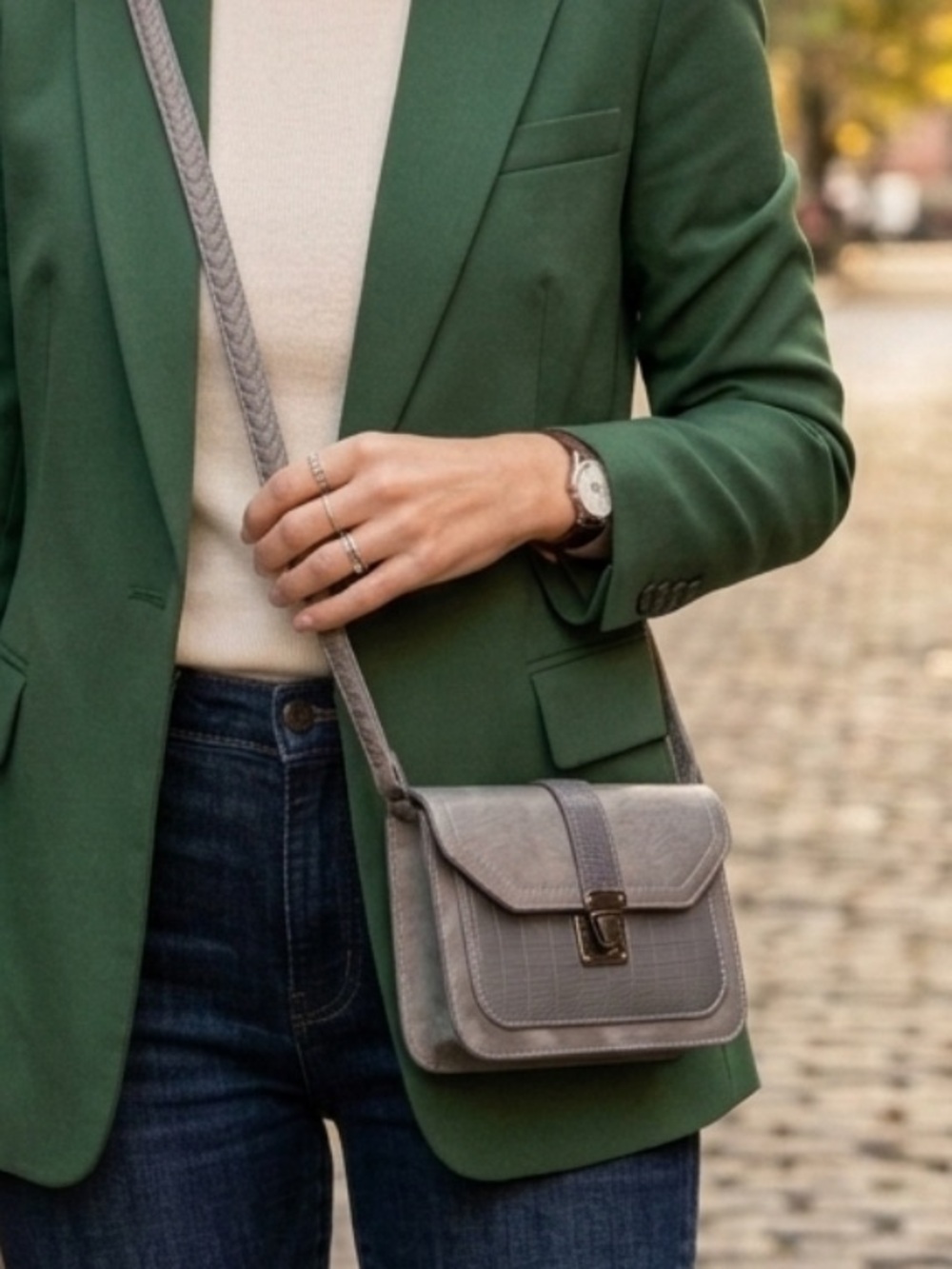 Compact Gray Crossbody Bag with Textured Front